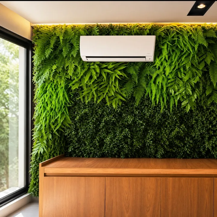 Split instalado sobre parede verde em ambiente comercial