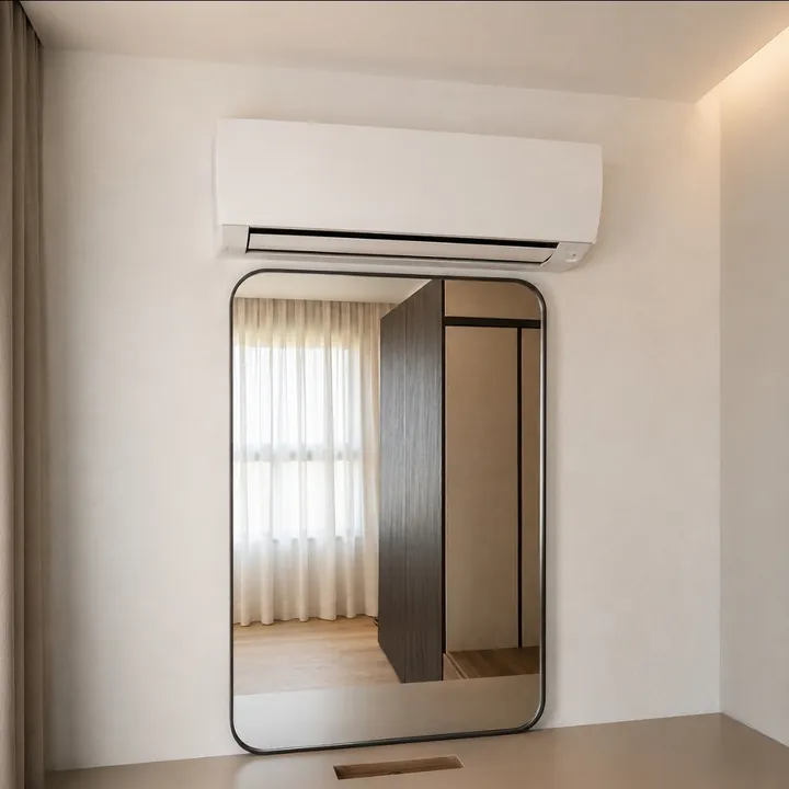 Ar-condicionado instalado em quarto acima do espelho